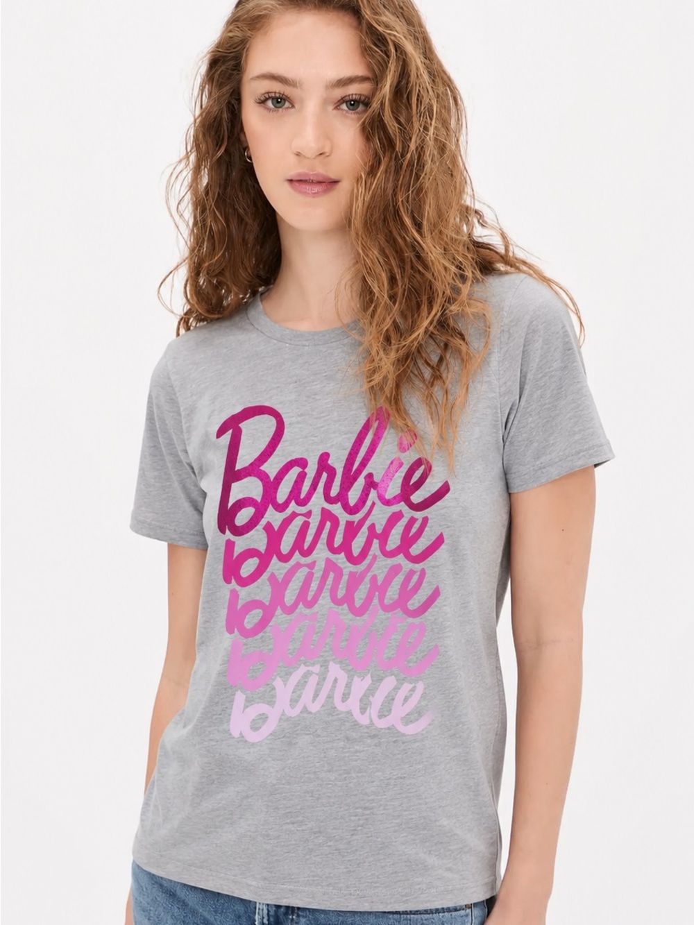 Barbie Ombre Logo Graphic T-Shirt | Hybrid Apparel | Size Medium | Gray